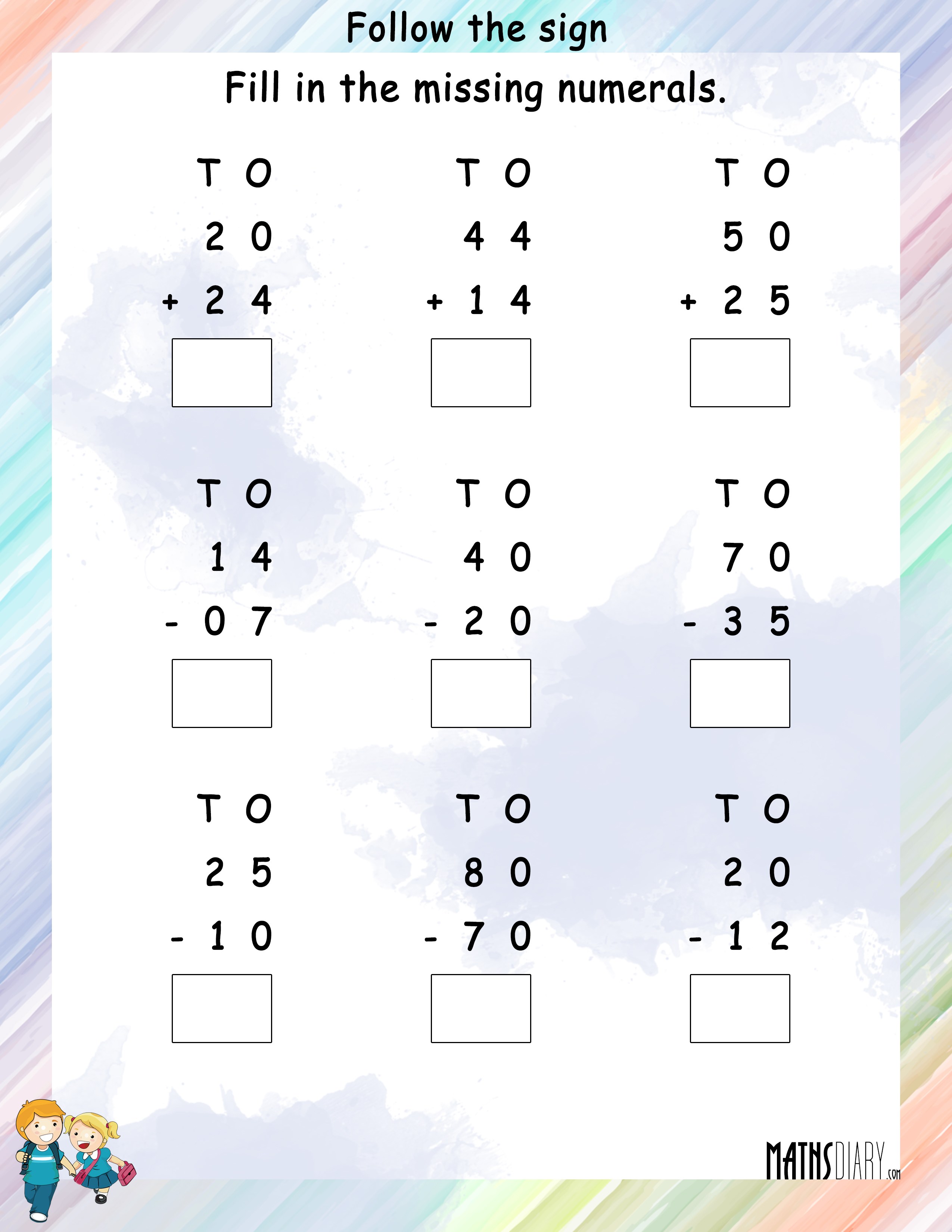 addition subtraction worksheet 1st