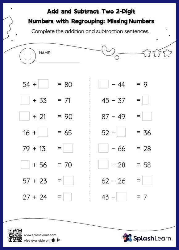 Add and Subtract Two 2-Digit Numbers with Regrouping: Missing ...