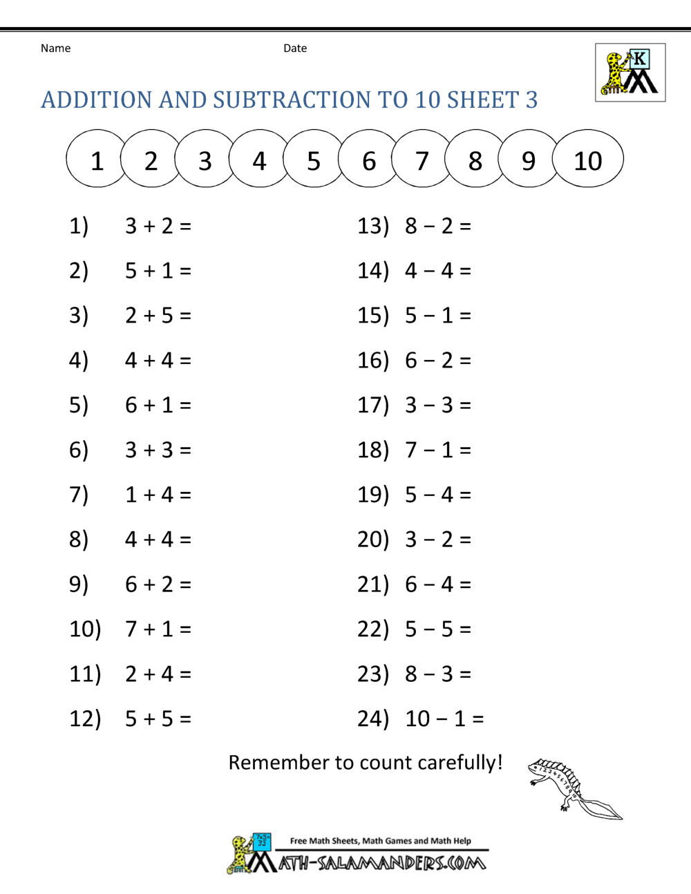 Kindergarten Addition and Subtraction Worksheets
