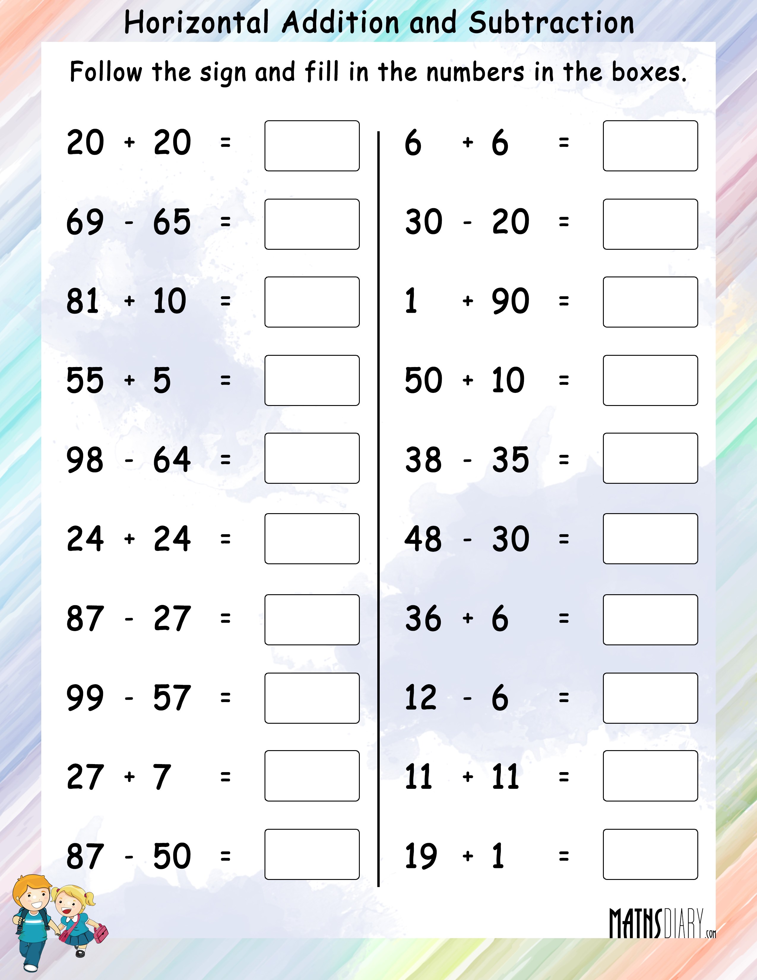 Horizontal Addition and Subtraction - Math Worksheets - MathsDiary.com