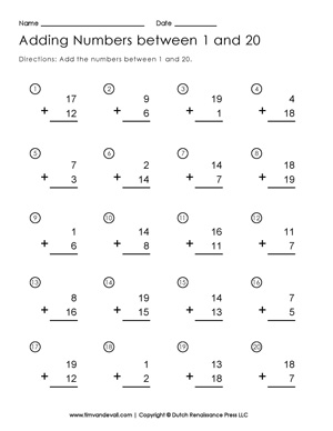 addition to 20 worksheet