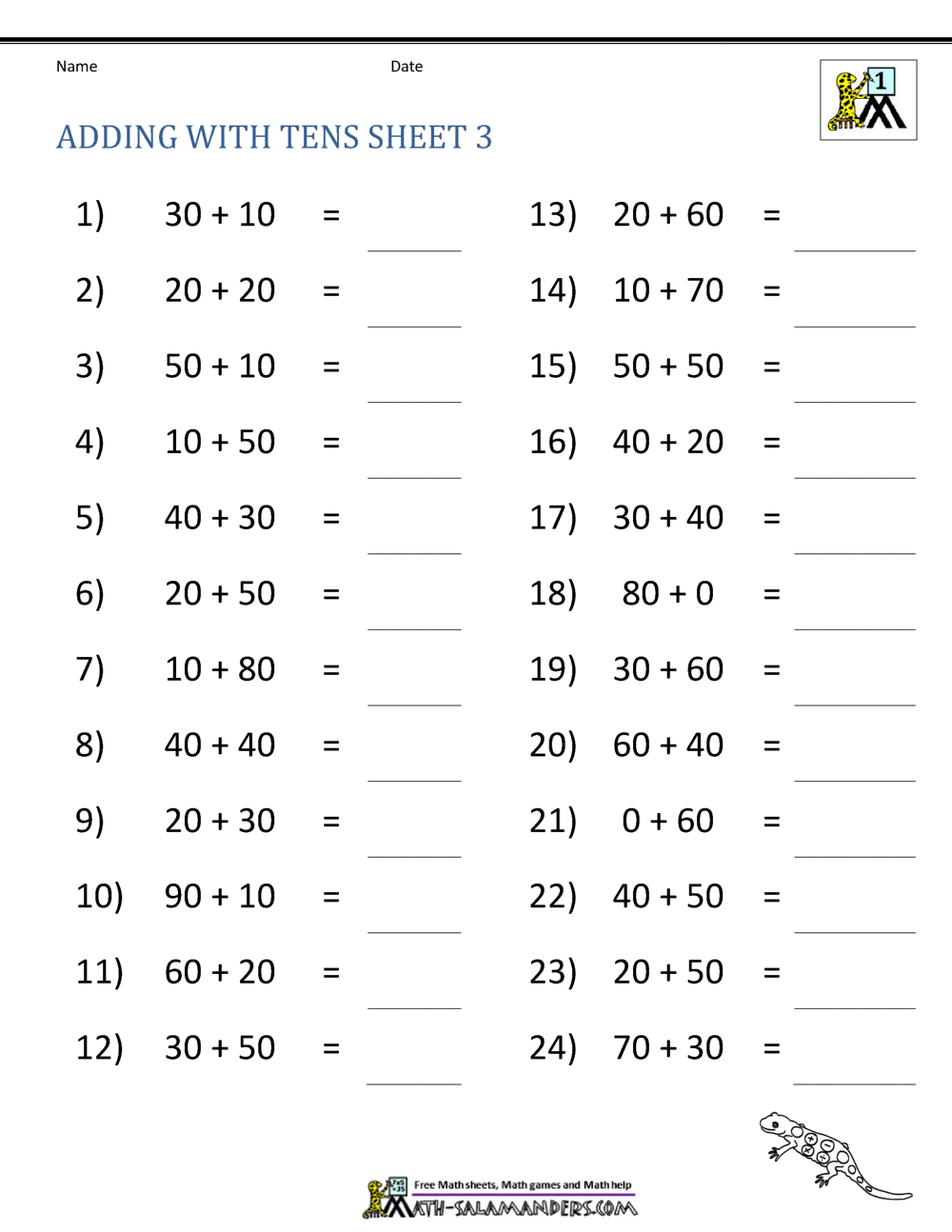 addition to ten worksheet