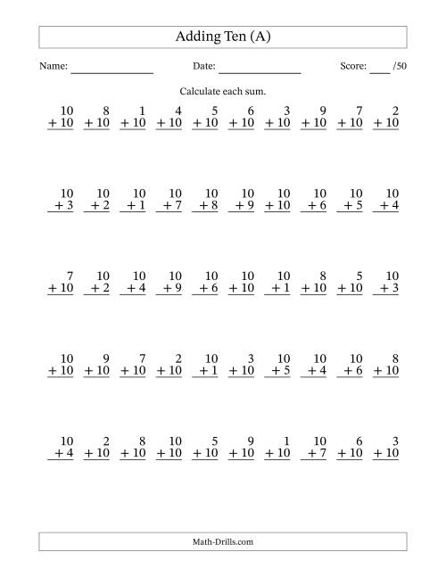 addition to ten worksheet