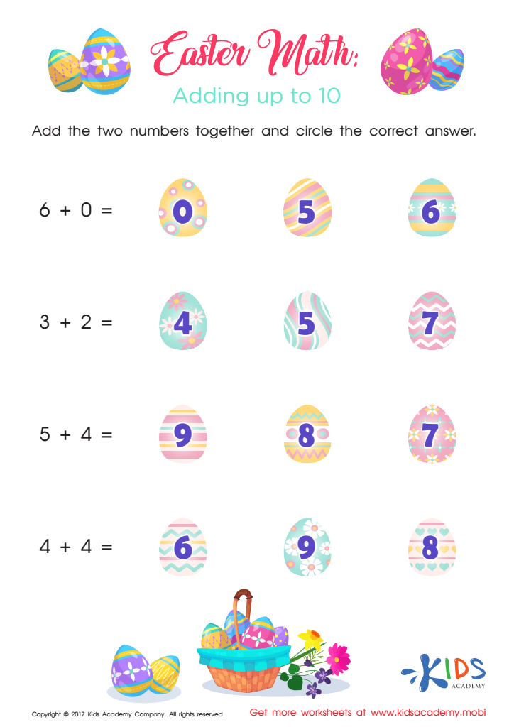 addition up to 10 worksheet for kindergarten
