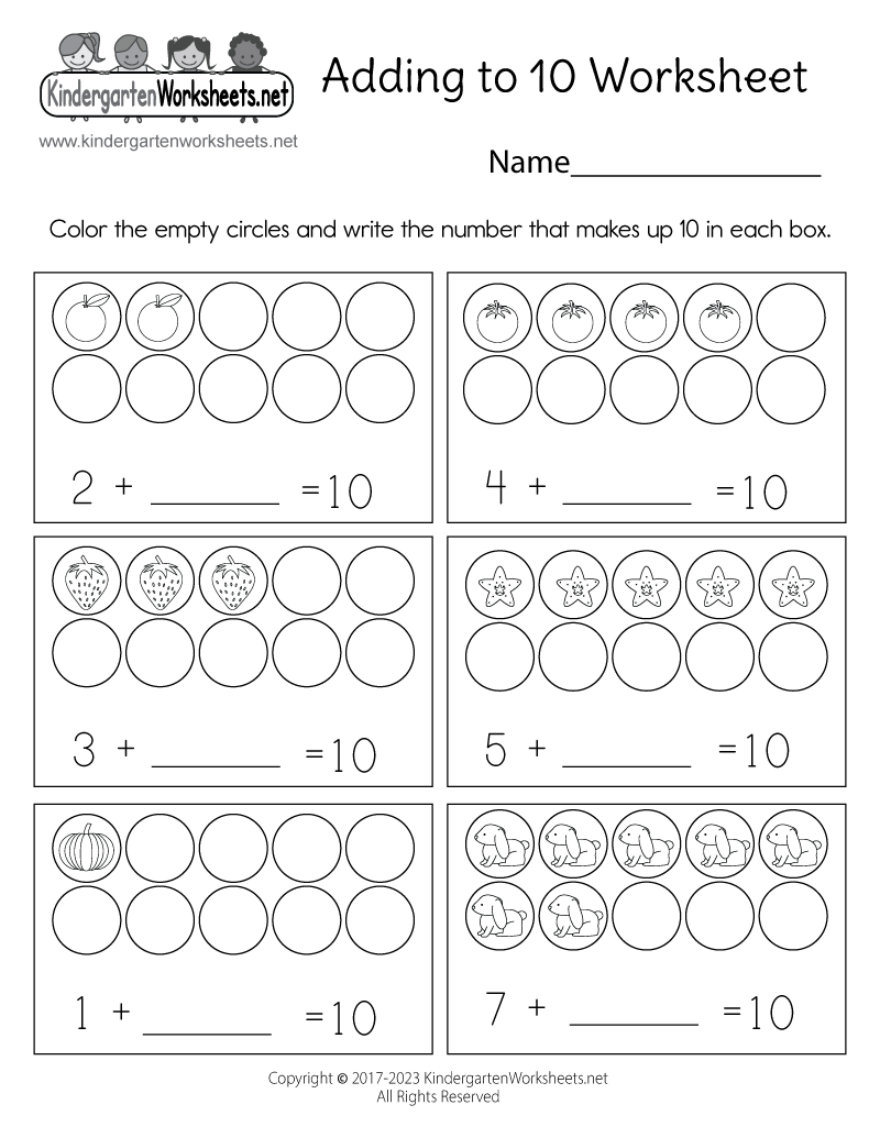 Free Printable Adding to 10 Worksheet