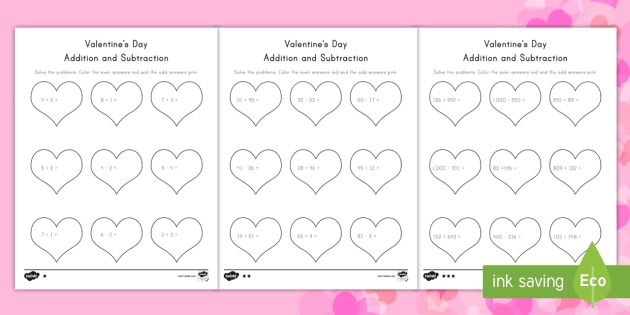 Valentines Day Addition and Subtraction Worksheets | Twinkl