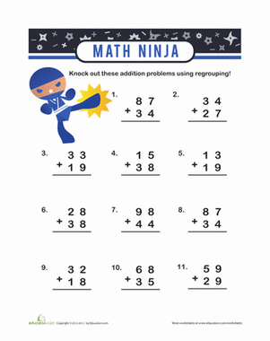 Ninja Addition with Carrying | Worksheet 