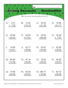 Adding Decimals - Hundredths | Decimal Worksheets
