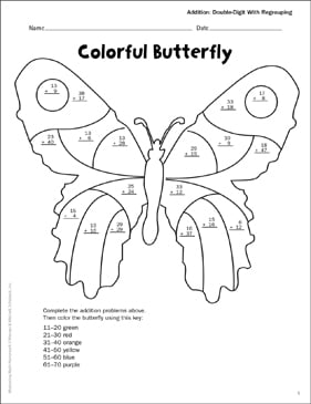 Colorful Butterfly (Double-Digit Addition/Regroup) | Printable ...