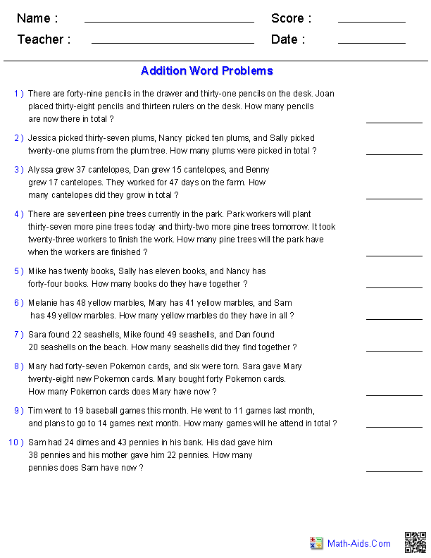 Word Problems Worksheets | Dynamically Created Word Problems