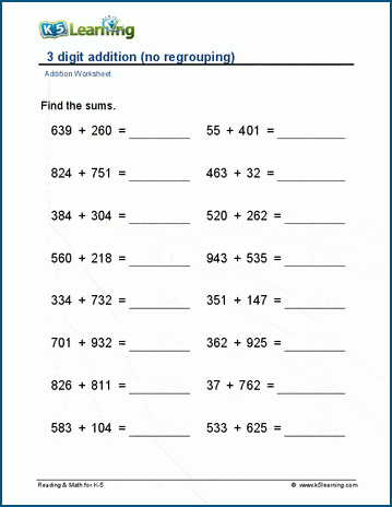 3-digit addition (no regrouping) worksheets | Worsheets library