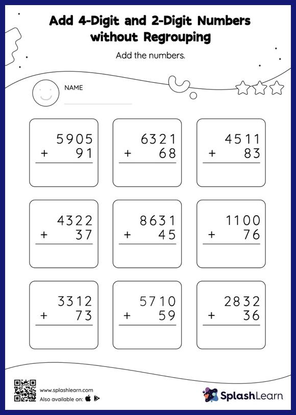 4-digit Addition without Regrouping Worksheets for Kids Online