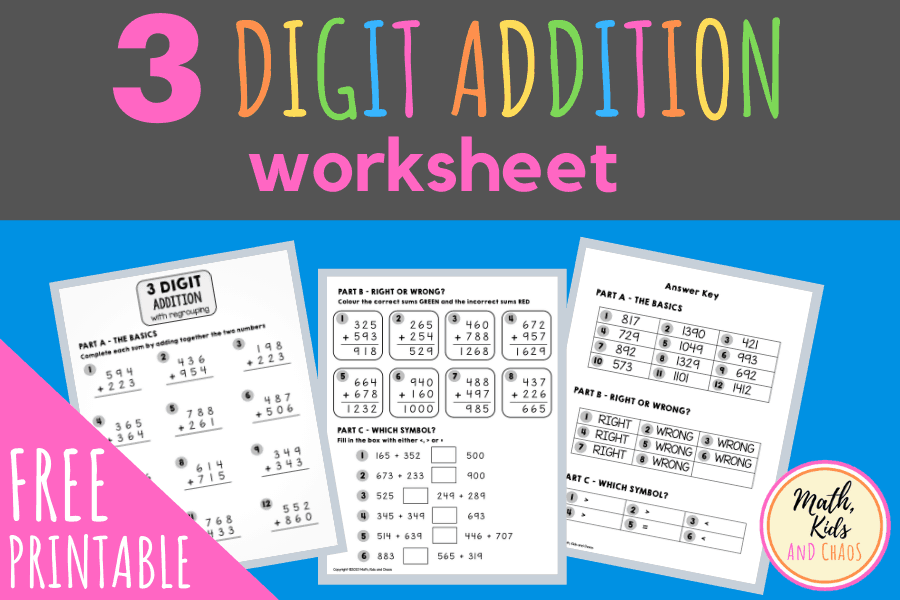3 Digit addition with regrouping worksheet - Math, Kids and Chaos