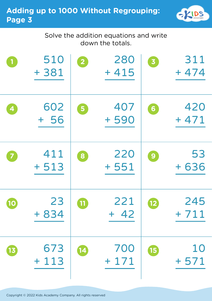 Adding up to 1000 Without Regrouping worksheet: Page 3