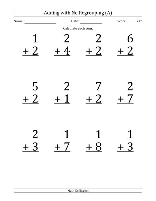 12 Single-Digit Addition Questions with No Regrouping (A)