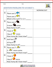 addition word problems sums to 10 worksheet