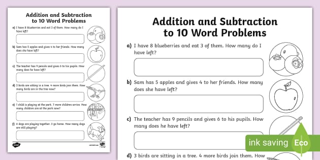 ? Word Problems to 10 Activity Sheet, Addition and Subtraction