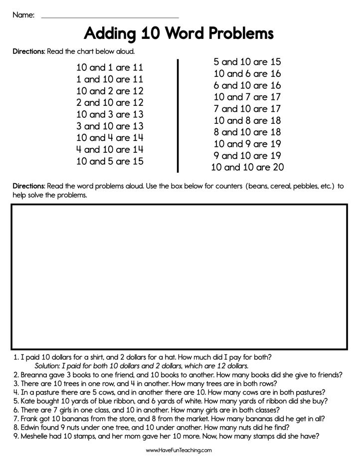 Adding 10 Word Problems Worksheet - Have Fun Teaching - Worksheets Library