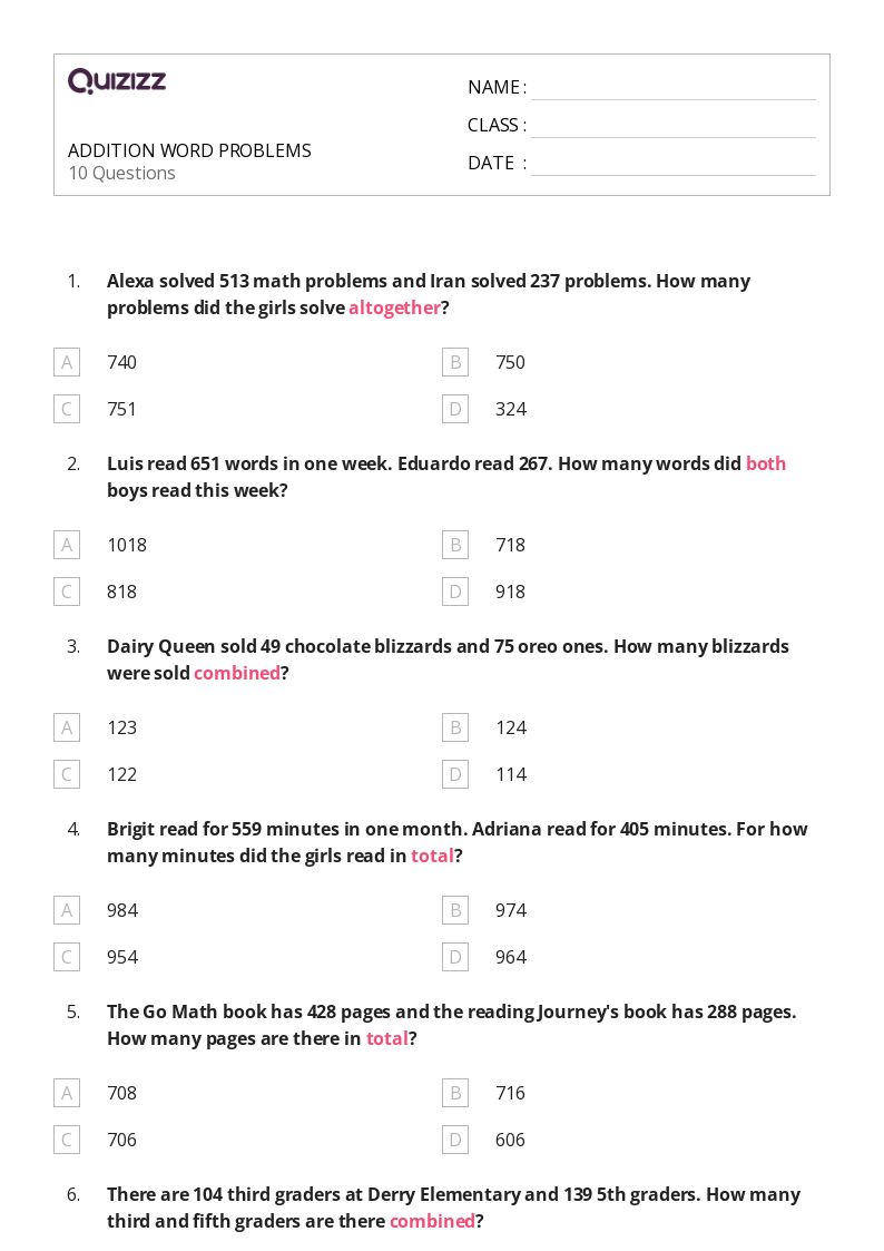 50+ Addition Word Problems worksheets for 3rd Year on Quizizz ...