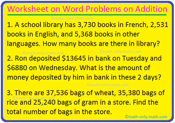 Worksheet on Word Problems on Addition|Word Problems Based on Addition