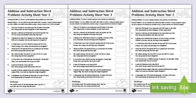 Addition and Subtraction Word Problems for Year 3 - Twinkl