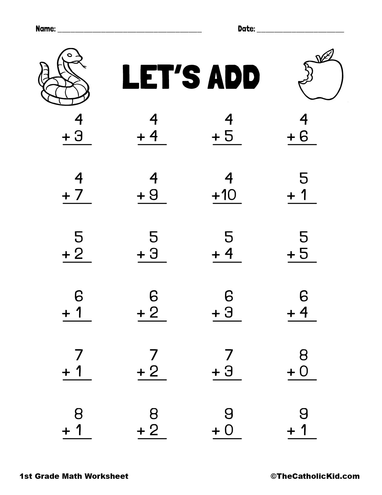 Lets Add - 1st Grade Addition Catholic Worksheet - TheCatholicKid.com