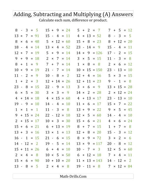 100 Horizontal Addition/Subtraction/Multiplication Questions ...