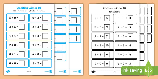 Addition within 10 Worksheet - (teacher made) - Twinkl