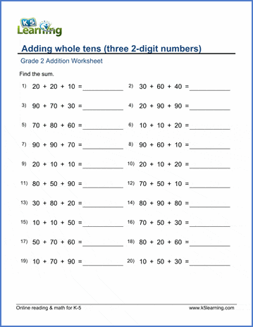 Grade 2 Math Worksheets - Adding whole tens - three addends | Worsheets library...