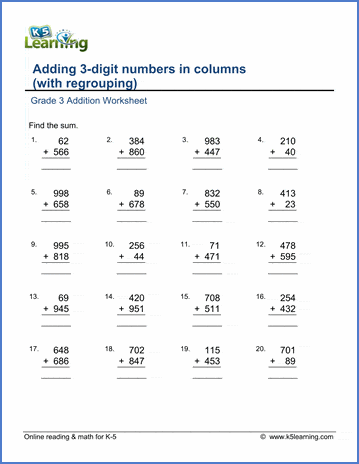 Grade 3 math worksheet - Addition: adding 3-digit numbers in ...