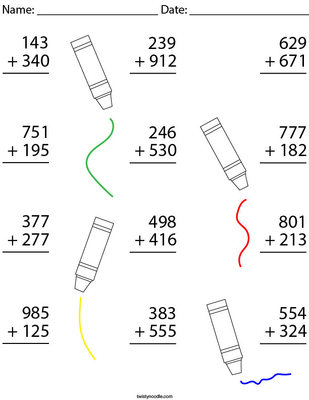 3 Digit Addition Math Worksheet - Twisty Noodle