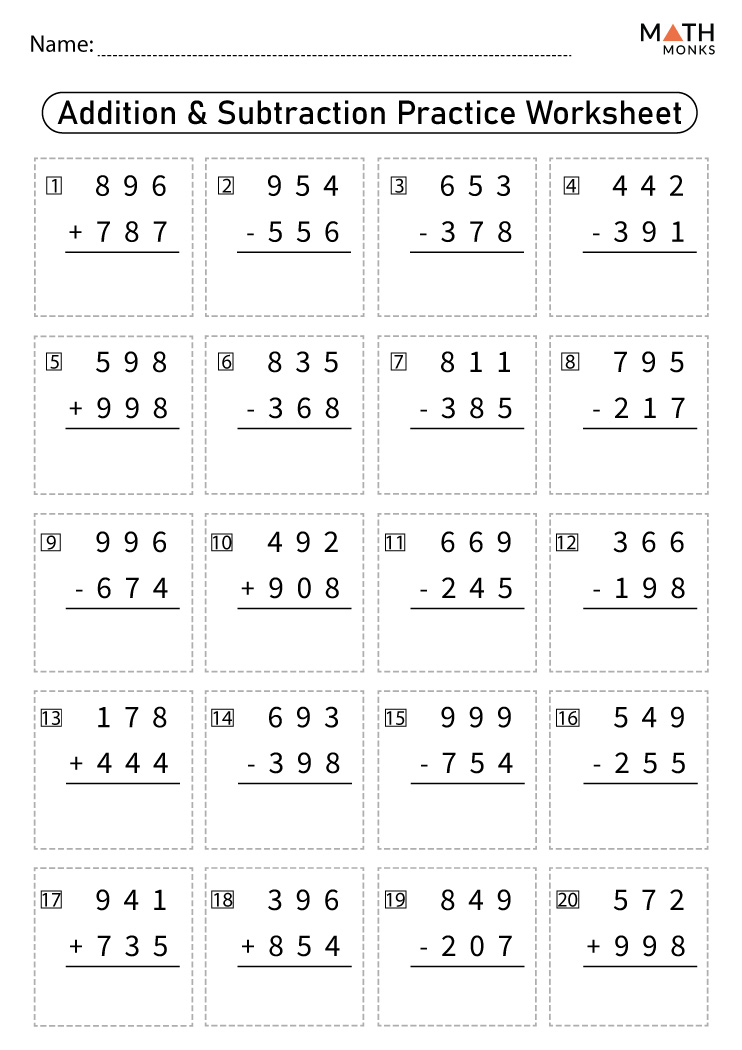 Addition and Subtraction Worksheets for Grade 3 with Answer Key