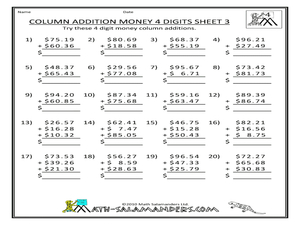 Column Addition Money-4 Digits, Sheet 3 Worksheet for 3rd - 4th ...