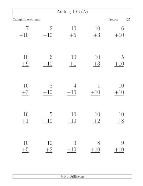 25 Vertical Adding Tens Questions (A)