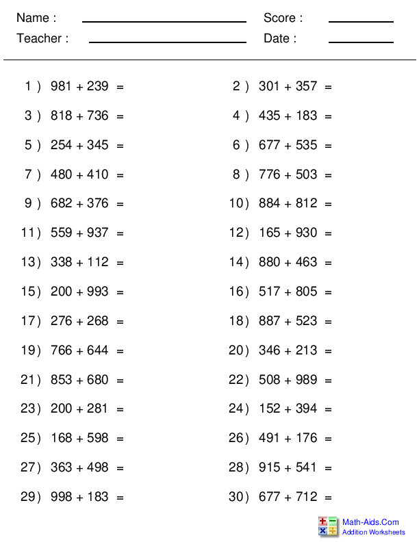 Addition Worksheets | Dynamically Created Addition Worksheets