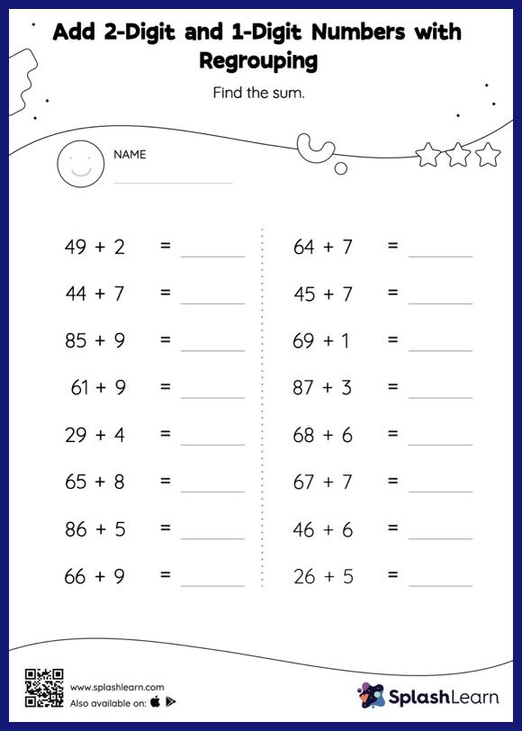 2-digit Addition with Regrouping Worksheets for Kids Online