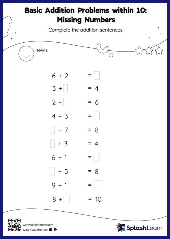 Basic Addition Problems within 10: Missing Numbers - Math ...