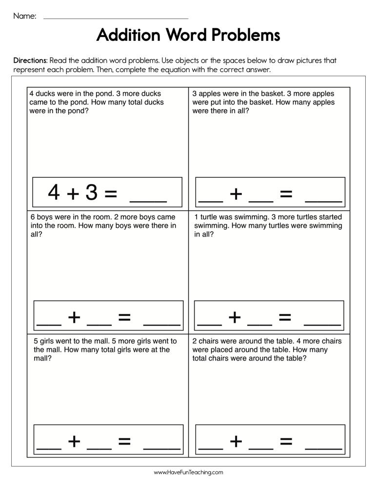 Addition Single Digit Word Problems Worksheet  