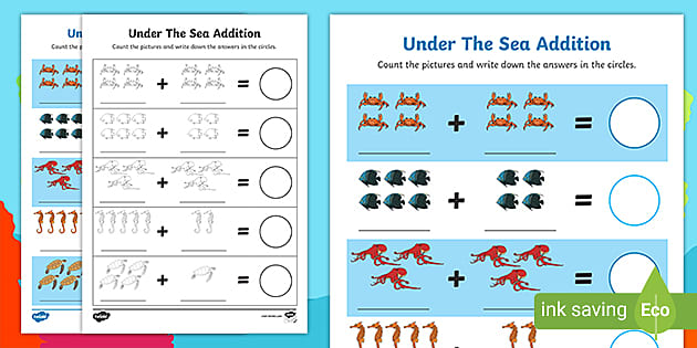 Simple Addition Worksheets - Under the Sea (teacher made)