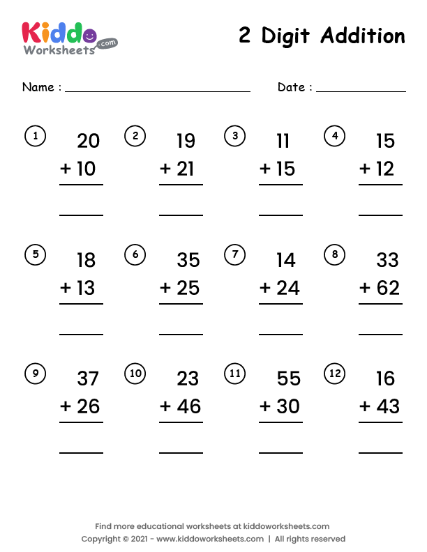 Free Printable 2 Digit Addition Worksheet Worksheet - kiddoworksheets