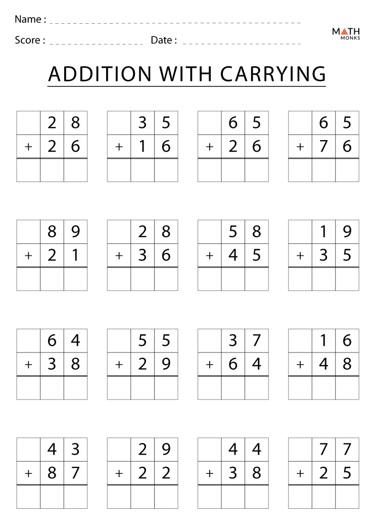 Addition With Regrouping Worksheets with Answer Key