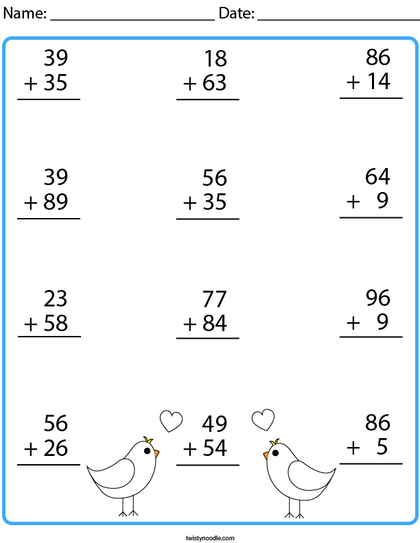 2 Digit Addition with Carrying Math Worksheet - Twisty Noodle