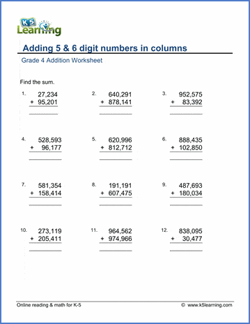 Adding 5 and 6-digit numbers | Worsheets library