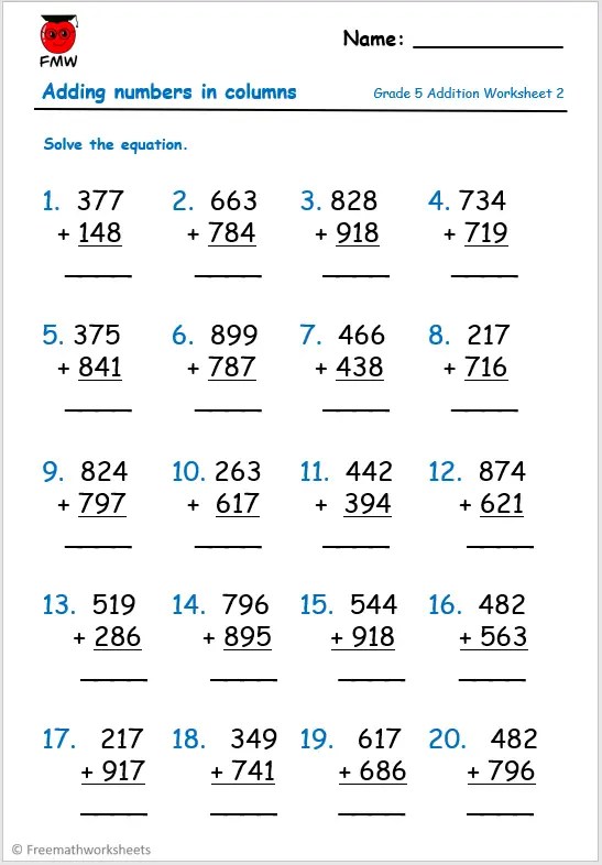 Grade 5 Addition Worksheets | Free Worksheets | Printables