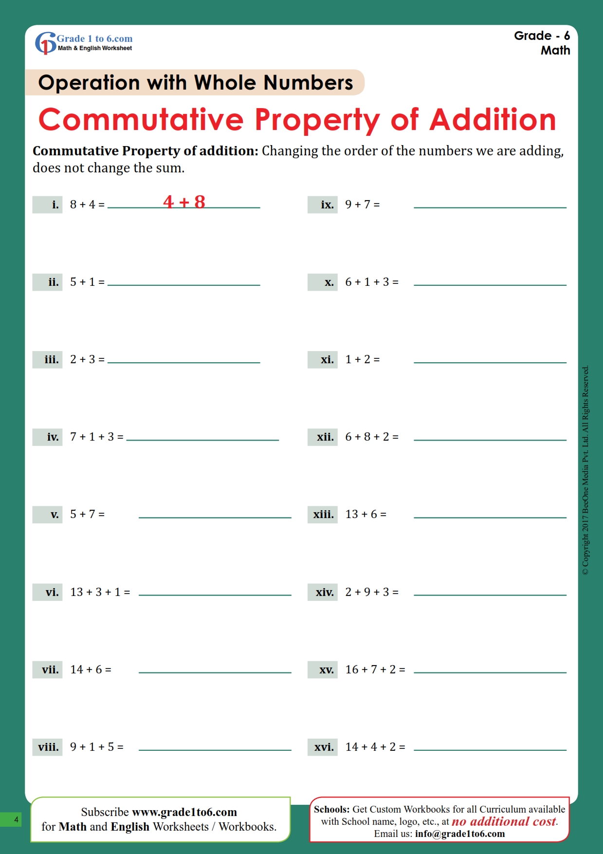 Commutative Property of Addition Worksheets | Grade1to6.com