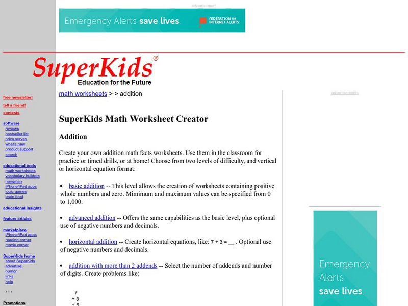 Super Kids: Addition Worksheet Creator Unknown Type for 3rd - 8th ...
