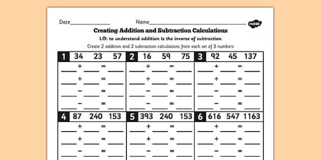 Grade 3 Inverse Create Addition and Subtraction Calculations from ...