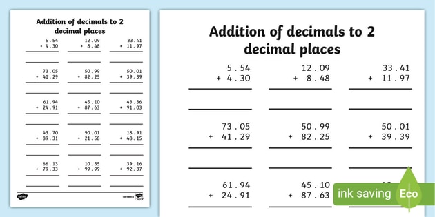 Adding Whole Numbers and Decimals Worksheet - To Two Places
