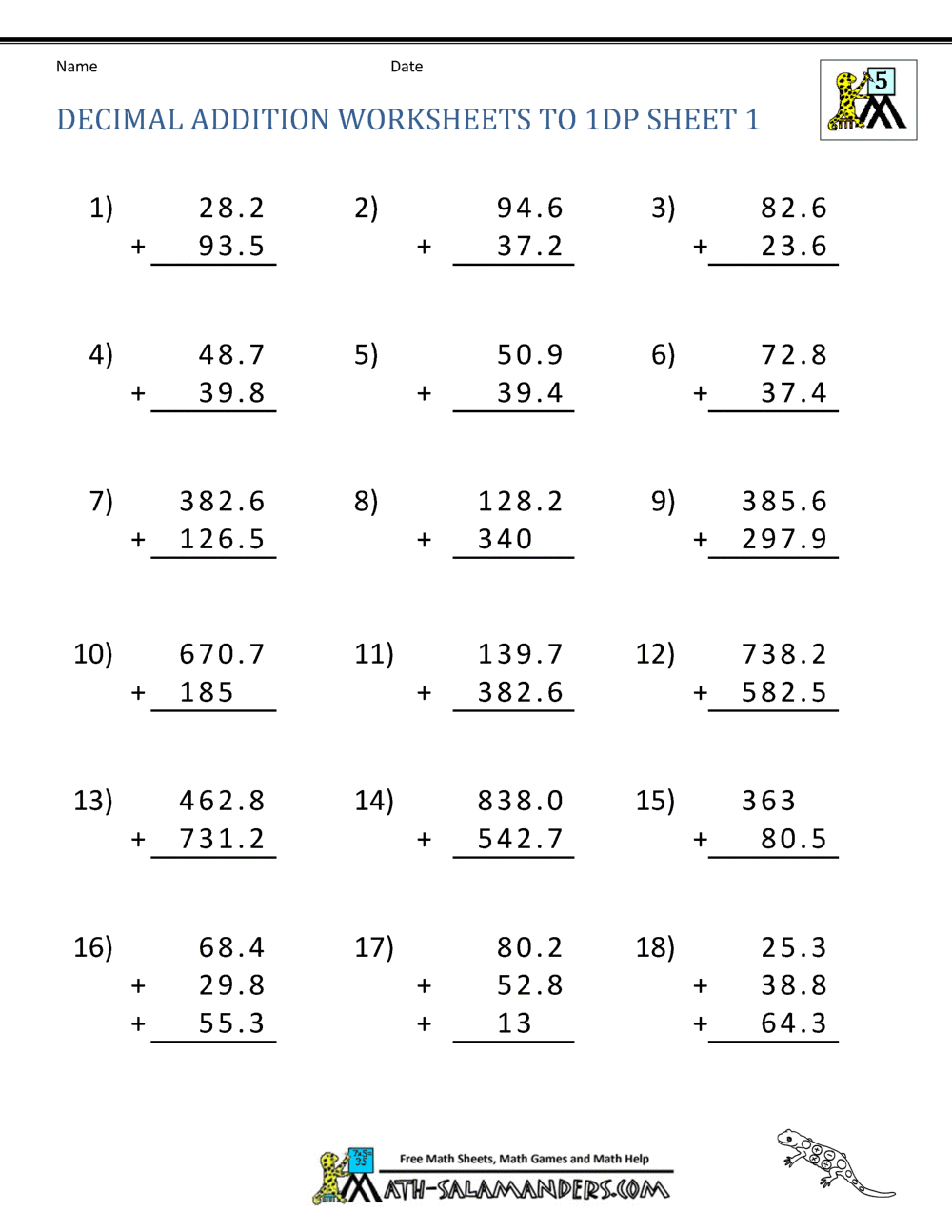 addition worksheet decimals