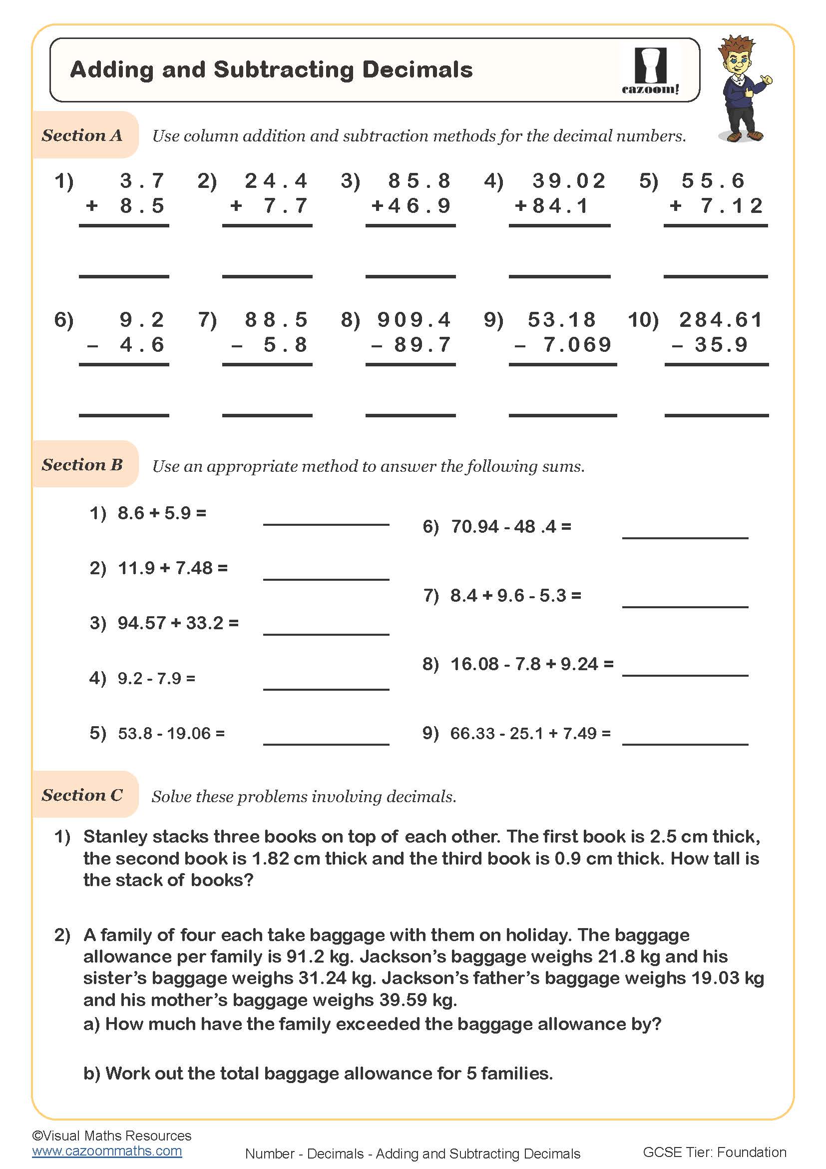 Adding and Subtracting Decimals Worksheet | PDF Printable Worksheet